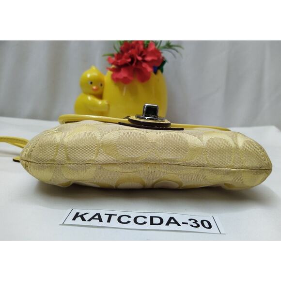 Coach Signature Yellow Canvas Leather Trim Turnlock Wristlet - Coin Wallet - Picture 7 of 12